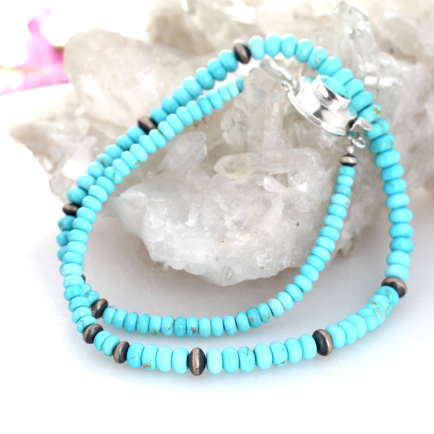SONORAN ROSE Turquoise Rondelle Beads Necklace Sterling Exquisite Blue