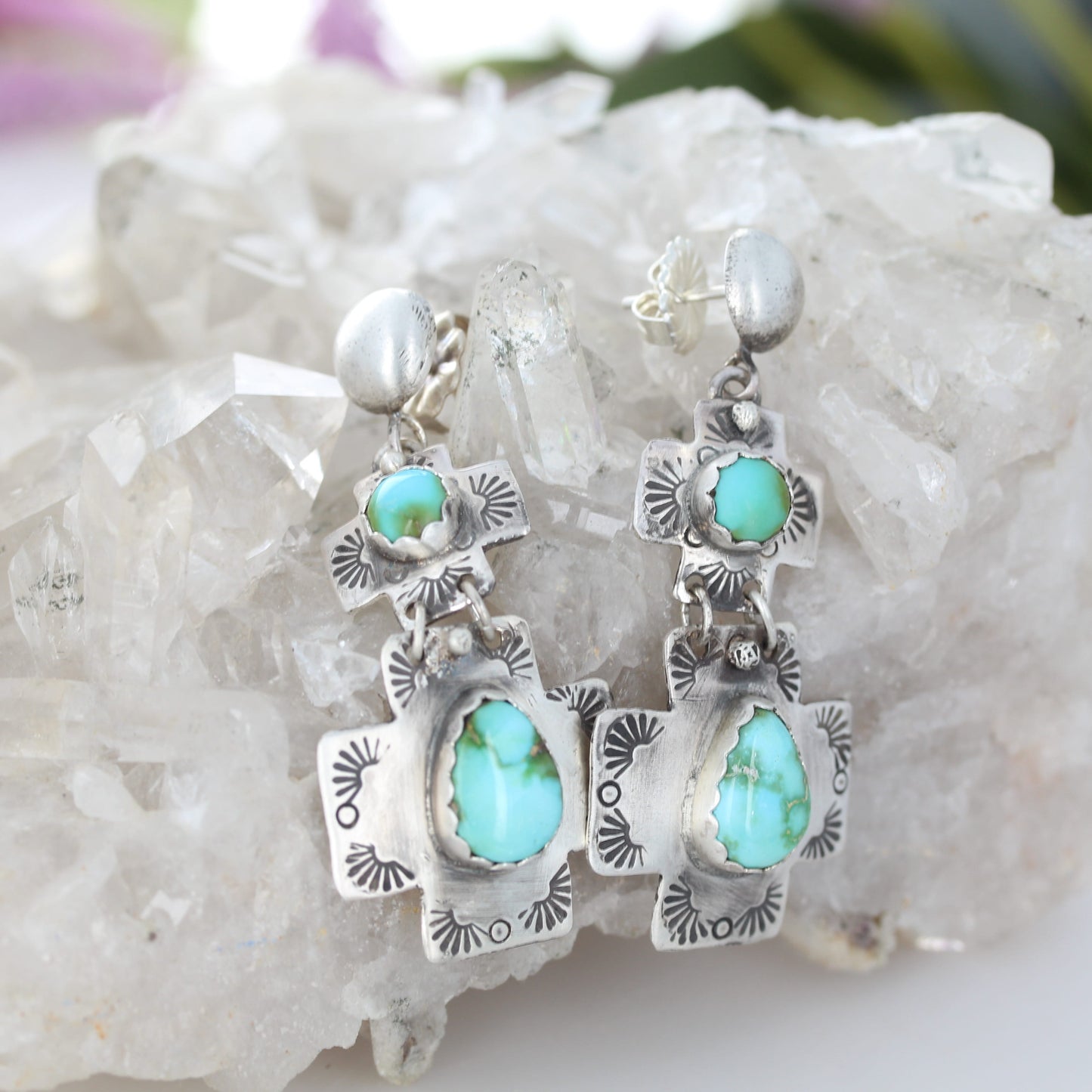 Sonoran Turquoise Double Cross Earrings Sterling Silver Boho 2.5"
