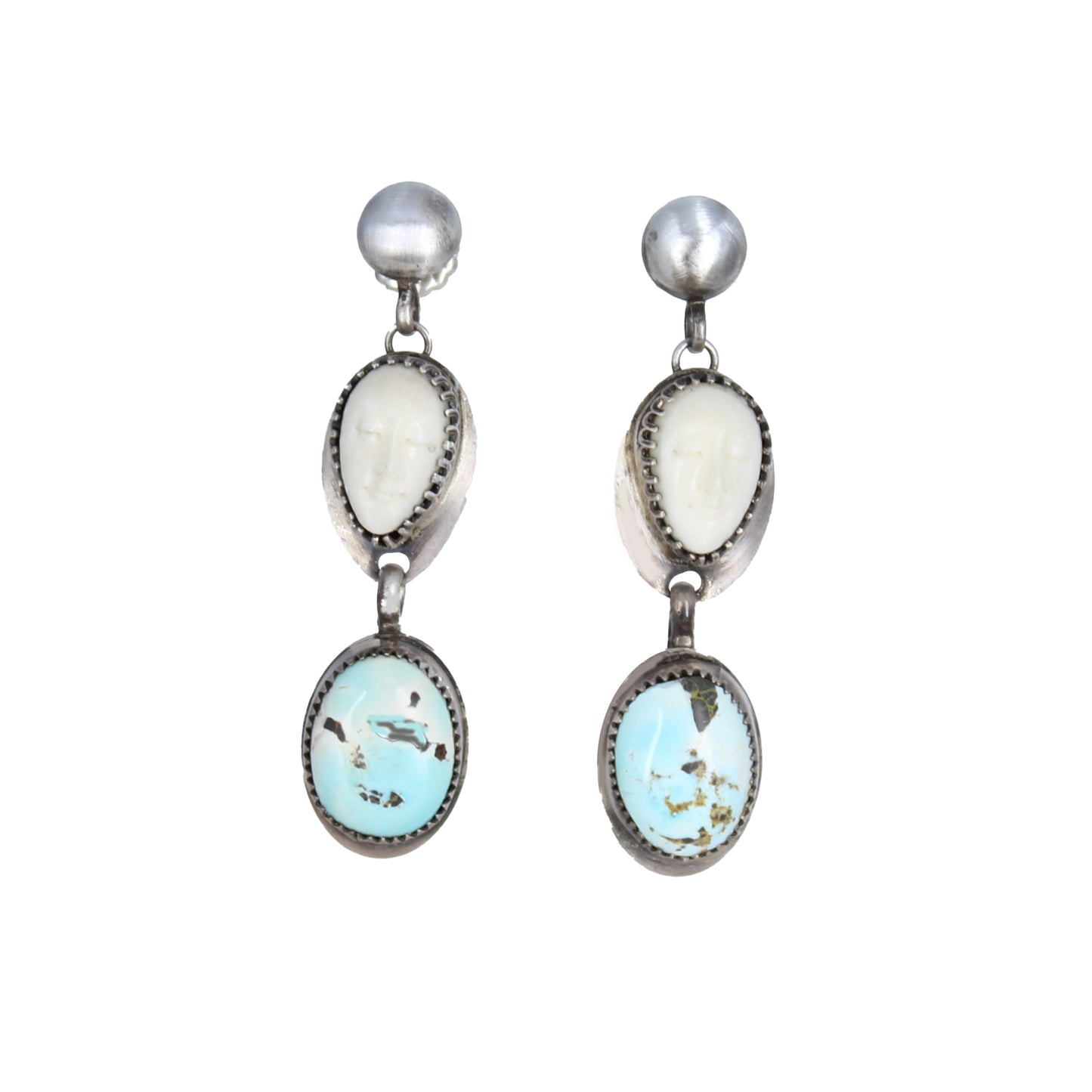 Rare Lone Mountain TURQUOISE EARRINGS Sterling Carved Moon Faces