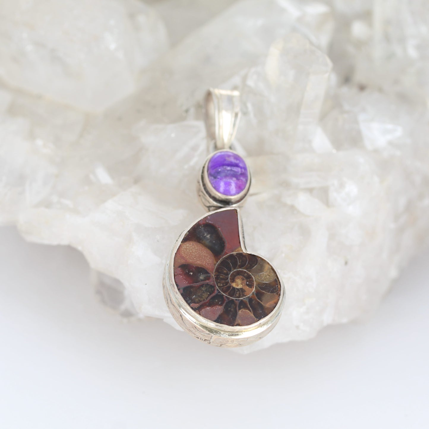 Unique Sugilite and Fossilized Ammonite Sterling Pendant