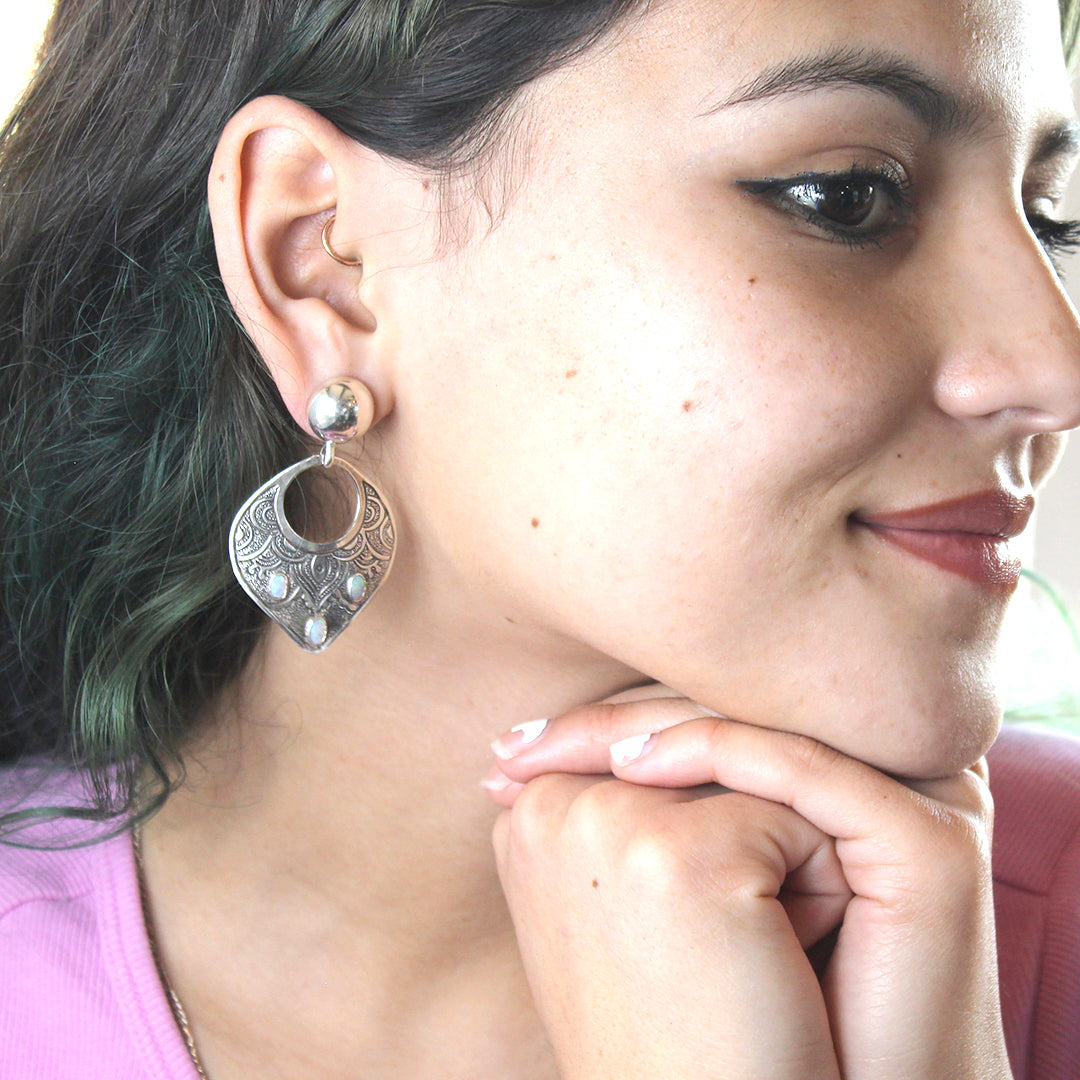 Australian Opal Earrings Arabesque Shaped Sterling Silver
