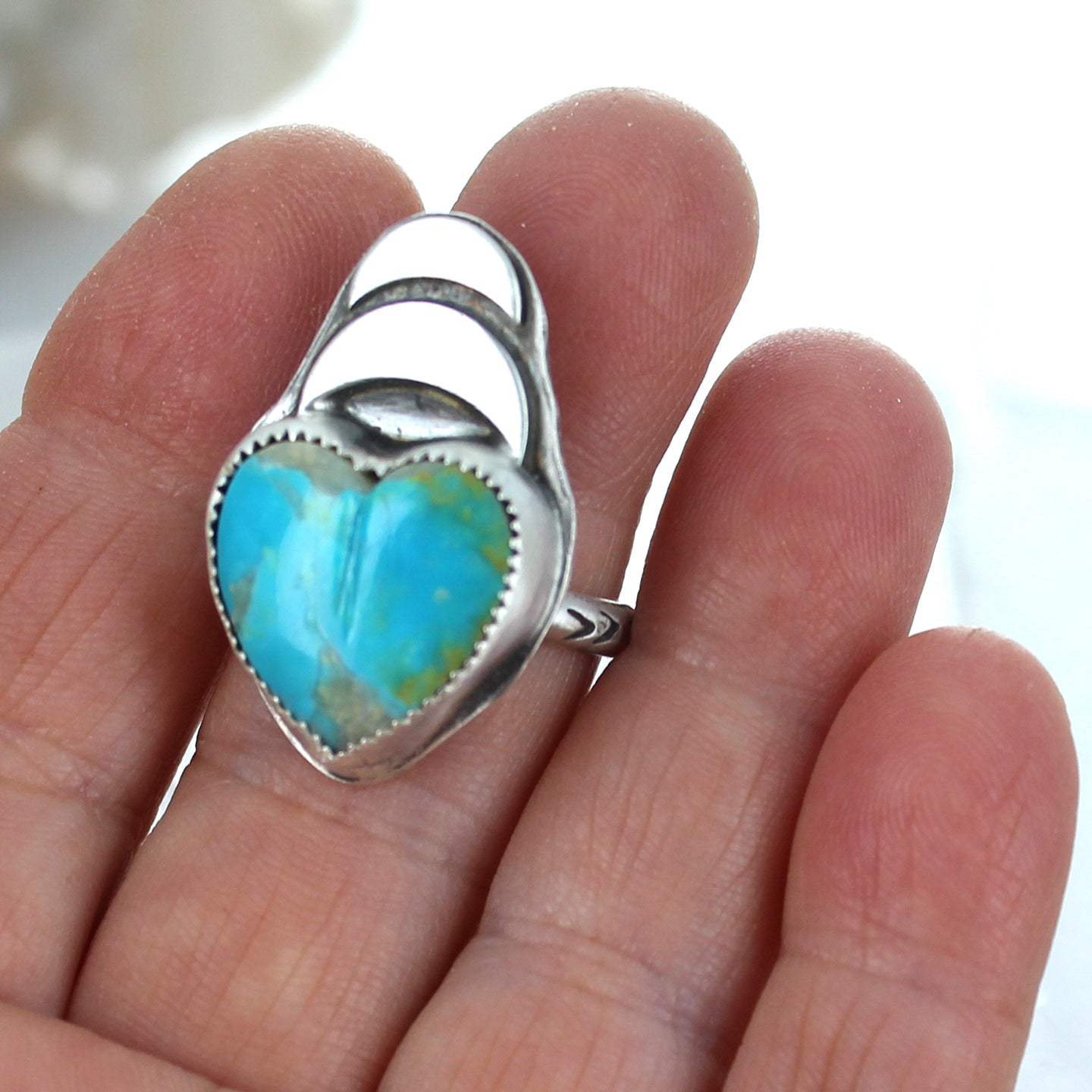 Heart and Double Moon Kingman Turquoise Ring Sterling Size 7.5 -NewWorldGems