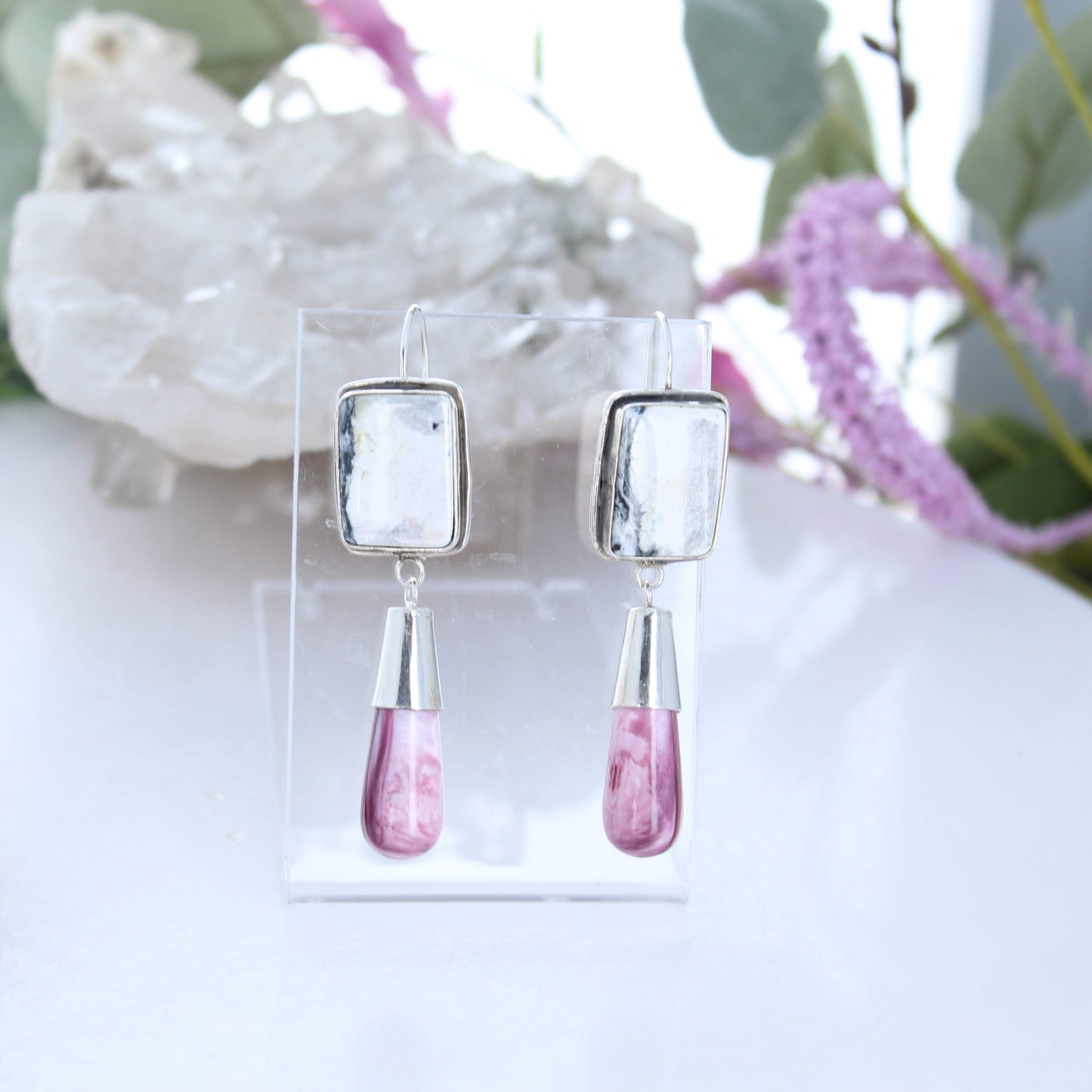 Nevada White Buffalo and Purple Spiny Oyster Teardrop Earrings Sterling