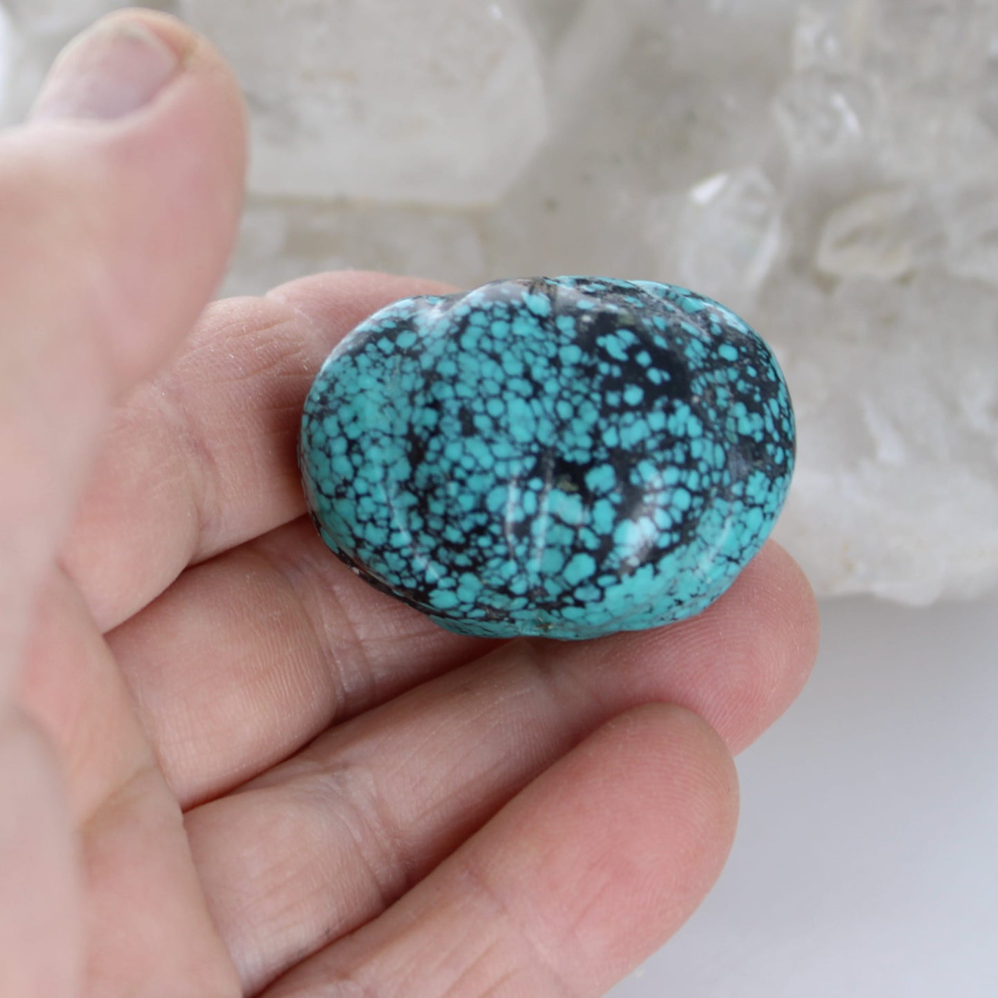 Carved Blue Hubei Turquoise Bead Melon Shaped Centerpiece 35x25mm