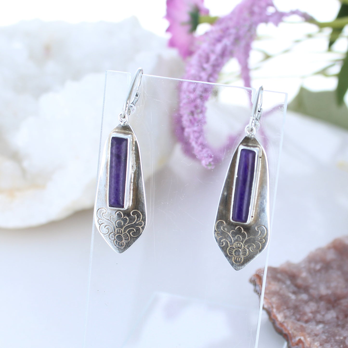 Large Sugilite Earrings Kite Shaped Etched Sterling -NewWorldGems