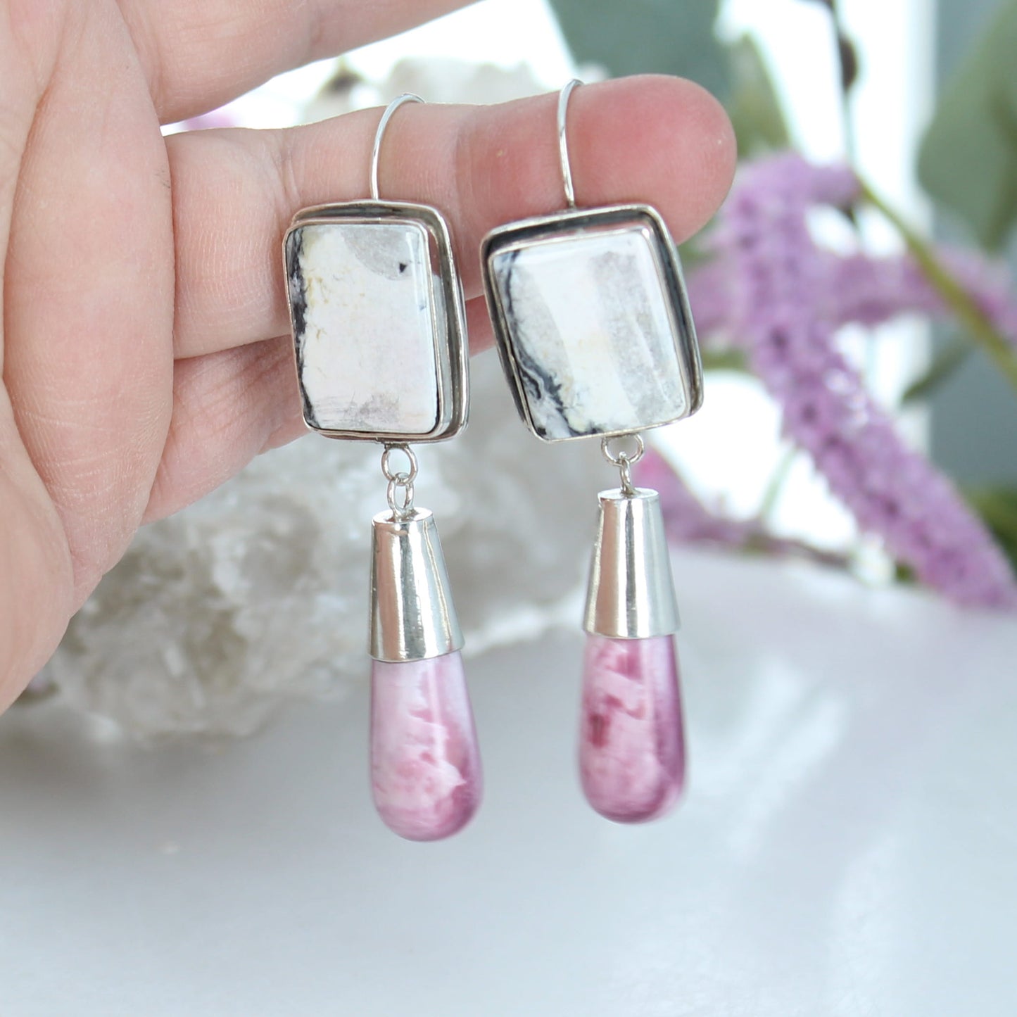 Nevada White Buffalo and Purple Spiny Oyster Teardrop Earrings Sterling