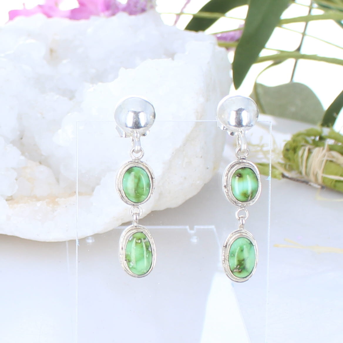 Sonoran Gold Turquoise Earrings 2 Stone Green Sterling Silver Drops -NewWorldGems