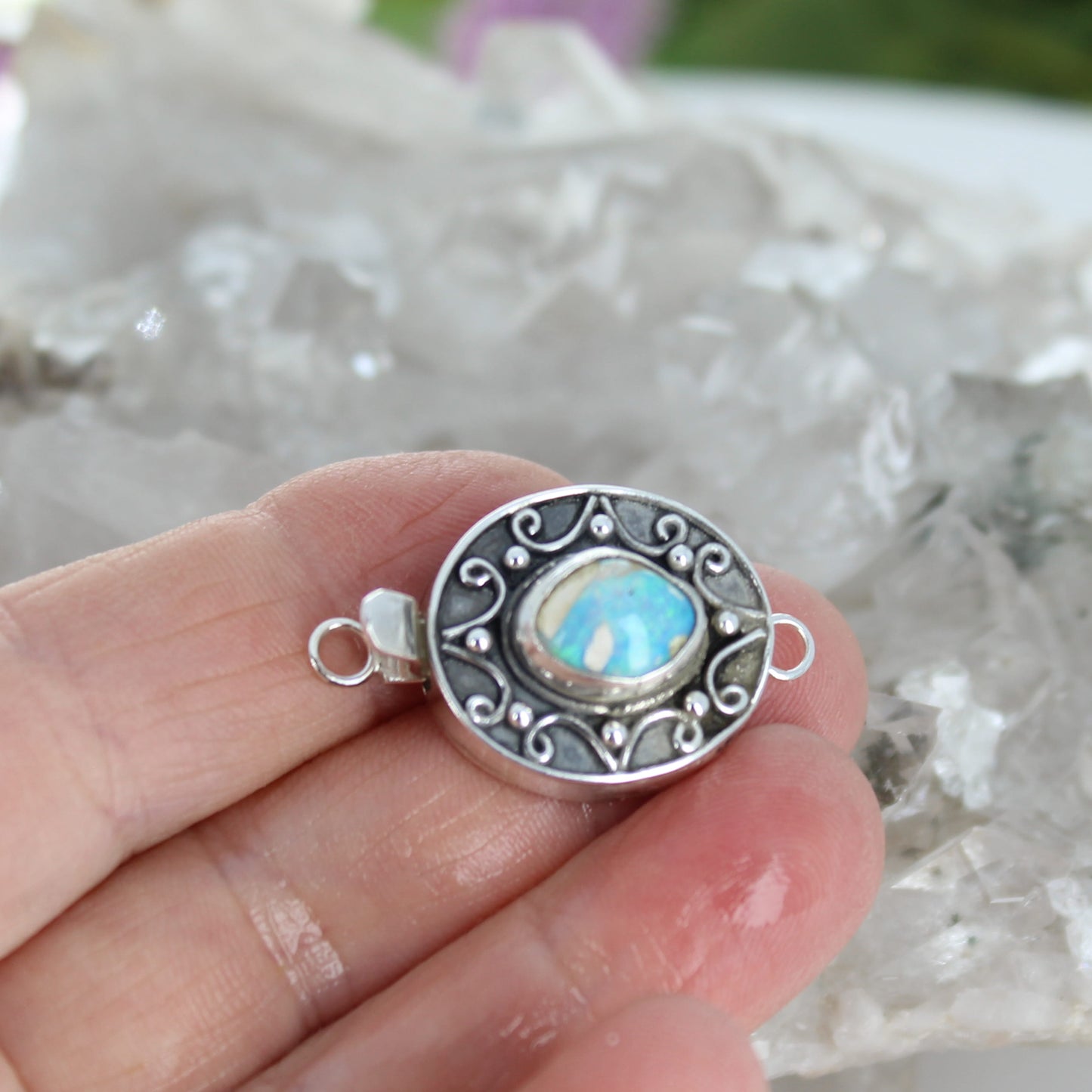 Australian Light Blue Crystal Opal Clasp Sterling Oval Wire Design