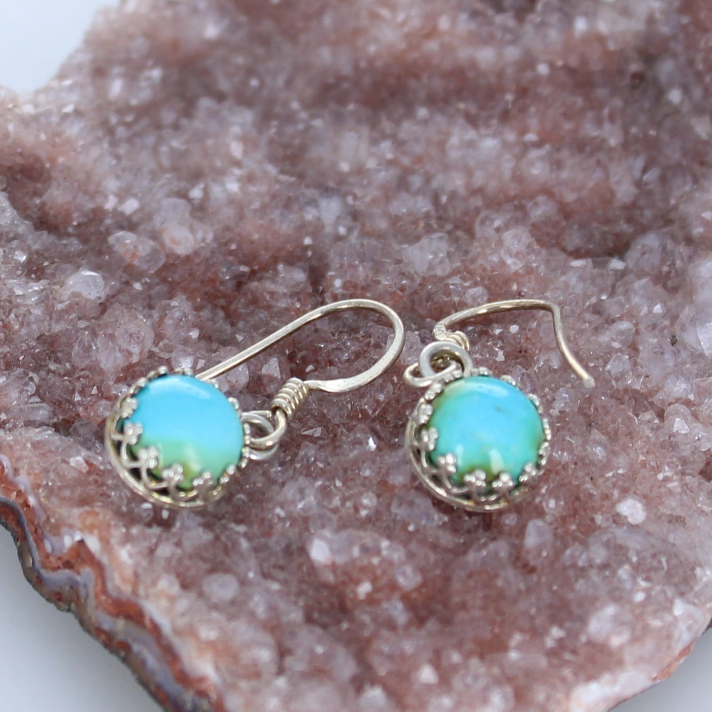 AAA Sonoran Gold Turquoise Earrings 8mm Round Drops Sterling -NewWorldGems