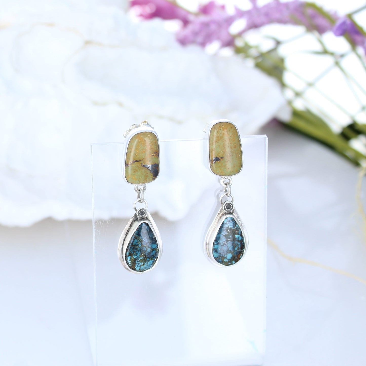 Olive Green and Deep Blue Black Hubei Turquoise Earrings Sterling -NewWorldGems