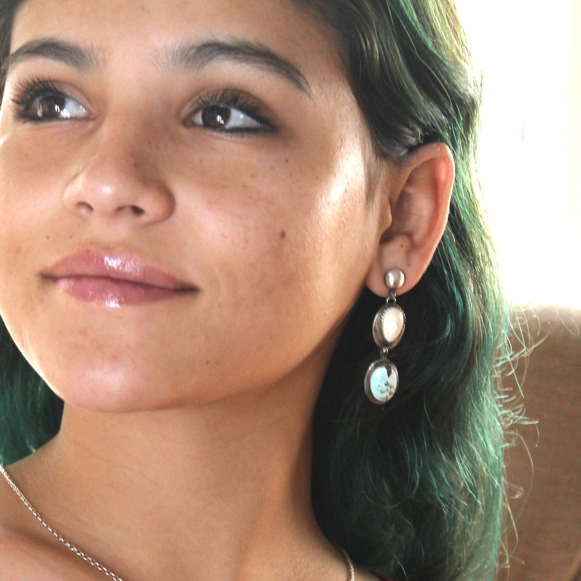 Rare Lone Mountain TURQUOISE EARRINGS Sterling Carved Moon Faces