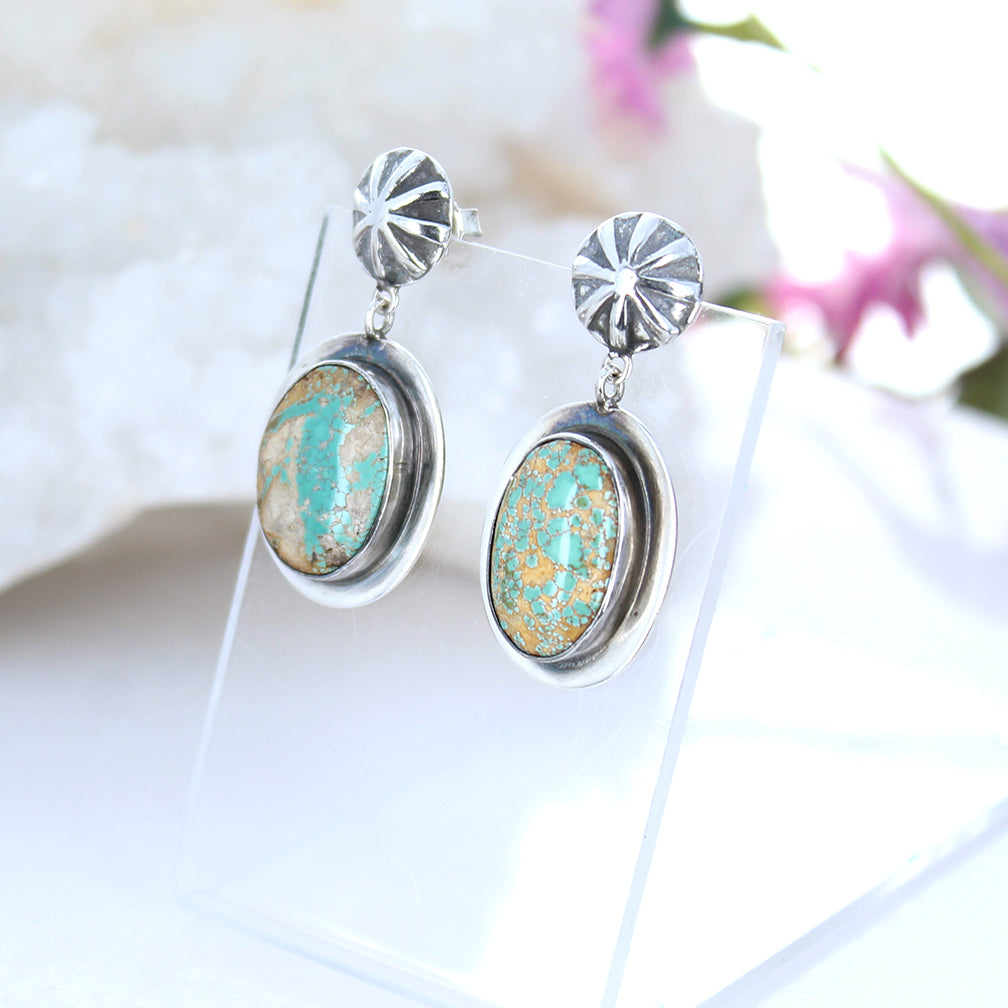 Carico Lake Turquoise Earrings Pseudomorph Clam Ovals Sterling -NewWorldGems