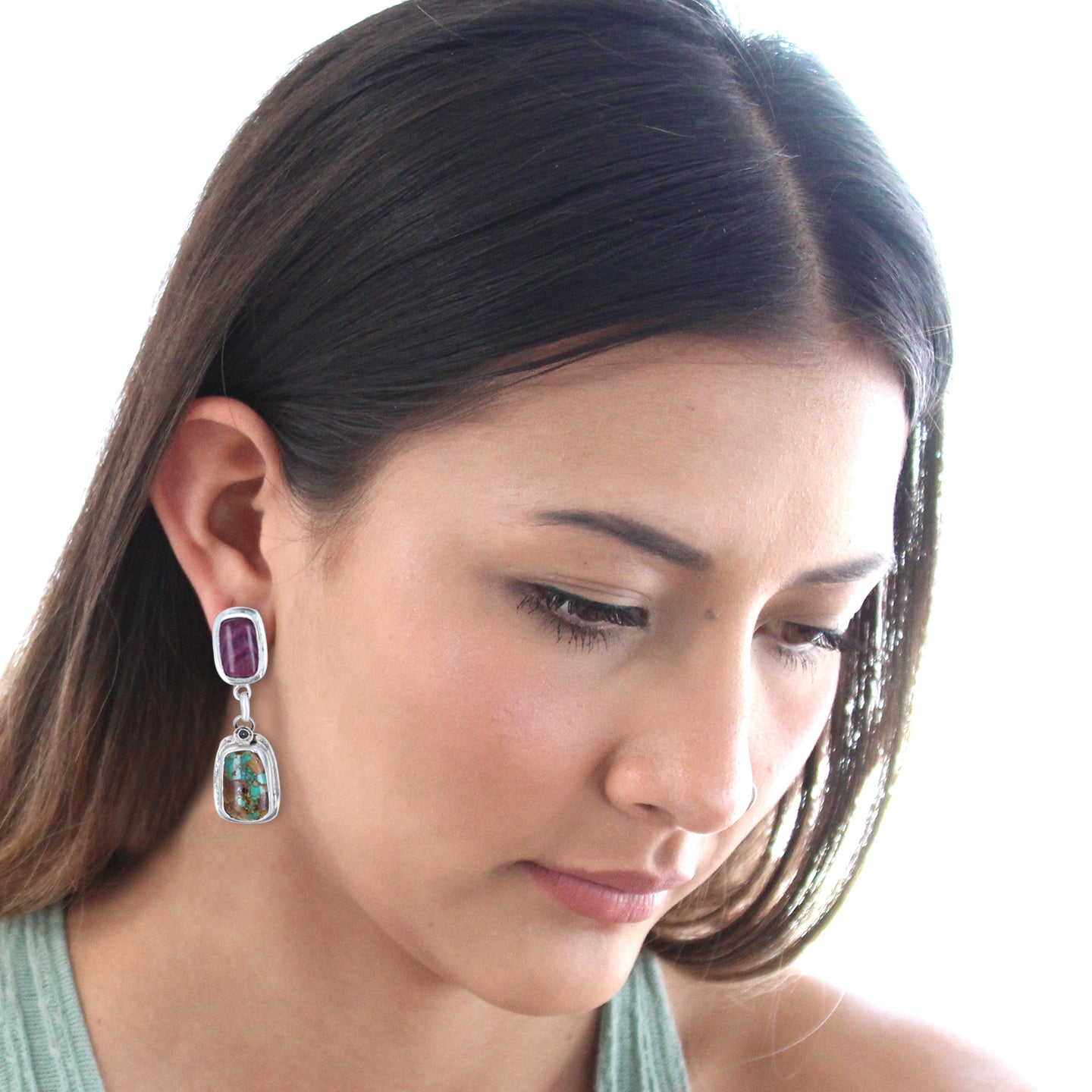 ROYSTON Turquoise Earrings with Purple Spiny Oyster Sterling -NewWorldGems