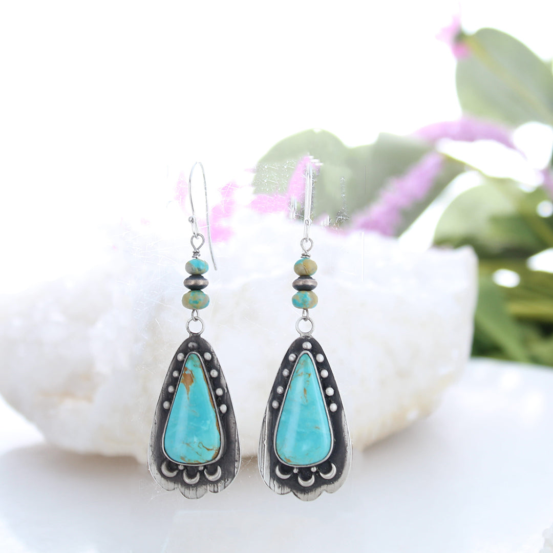 Beautiful Sky Blue Kingman Turquoise Earrings Long Teardrops with Moon Design