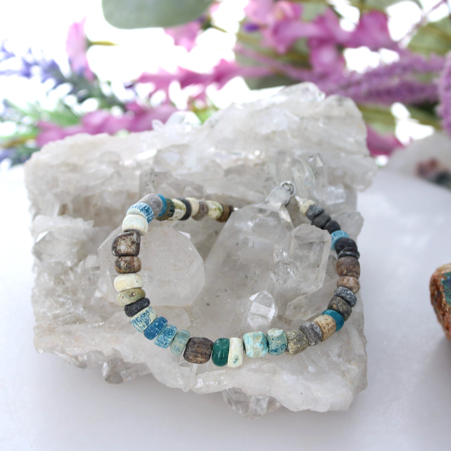 Antique Blue Brown Roman Glass and Turquoise Bracelet Men or Woman