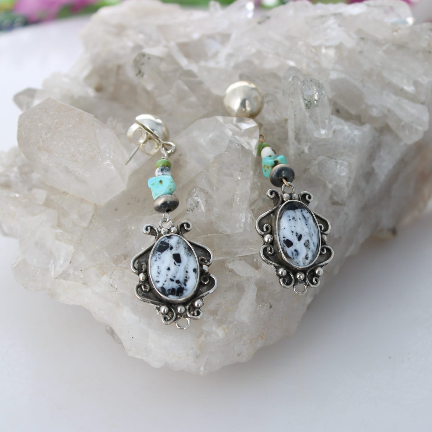 Rare White Buffalo Turquoise Earrings Sterling Scroll Design with Lone Mountain Tq