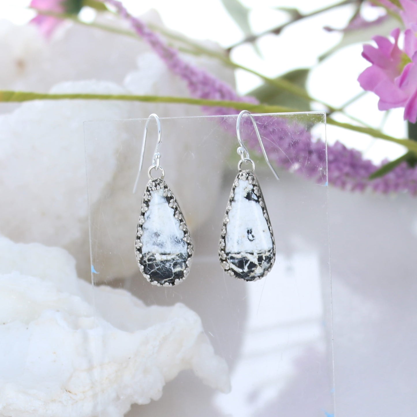 Elegant WHITE BUFFALO Turquoise Earrings Sterling Teardrops -NewWorldGems
