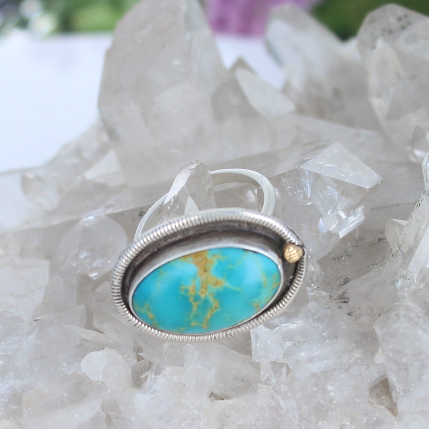Oval Kingman Turquoise Ring 18K and Sterling Size 7