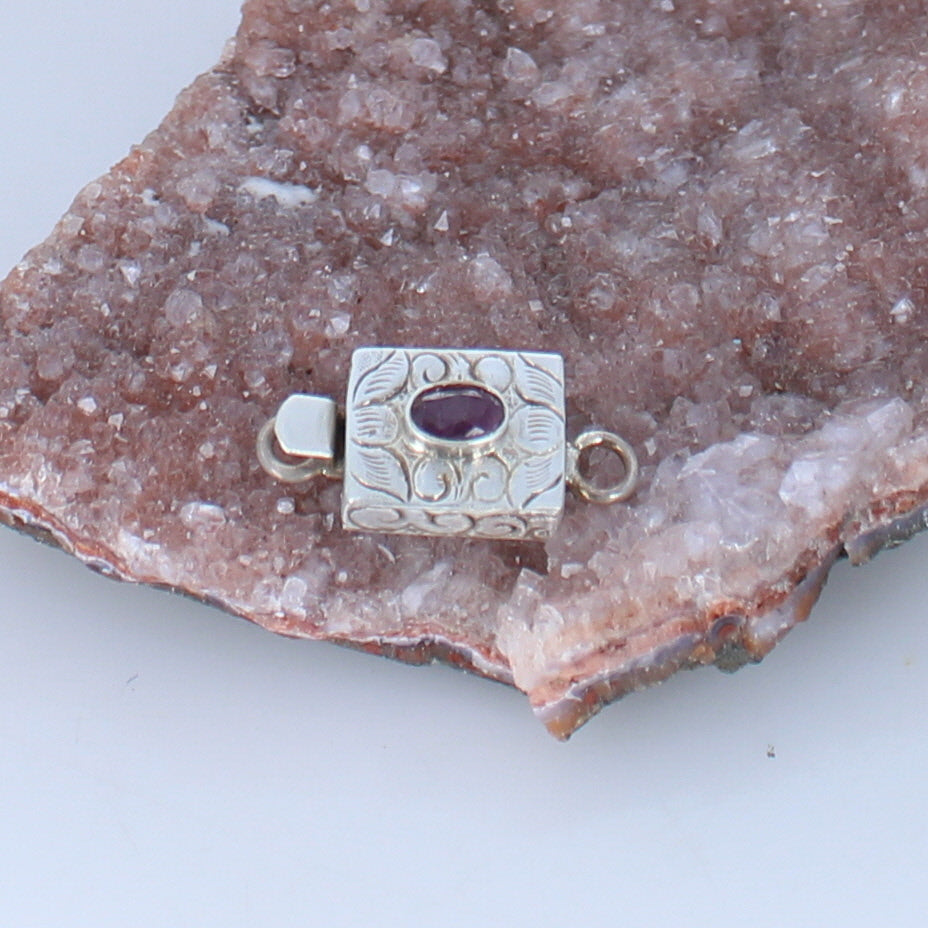 Genuine Faceted Ruby Clasp Sterling 4x6mm Etched Design -NewWorldGems