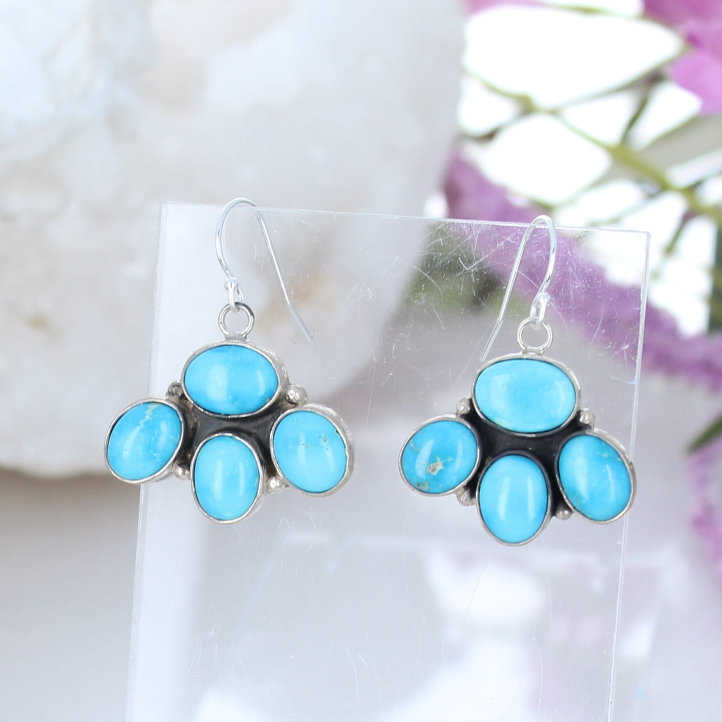 Blue Ridge Orvil Jack Turquoise 3 Petal Earrings Sterling Silver -NewWorldGems