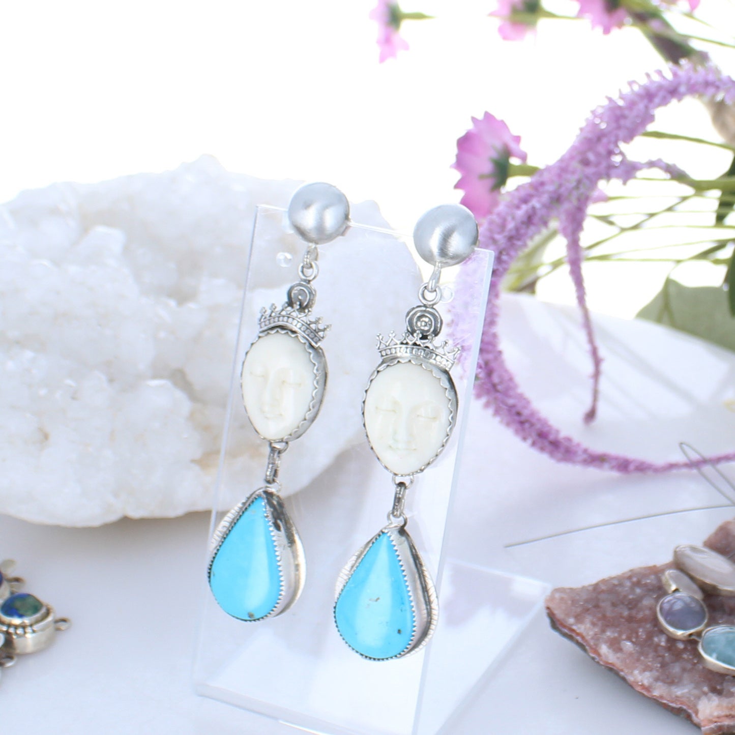 Bright Blue Kingman Turquoise Earrings Sterling Carved Moon Faces Large -NewWorldGems