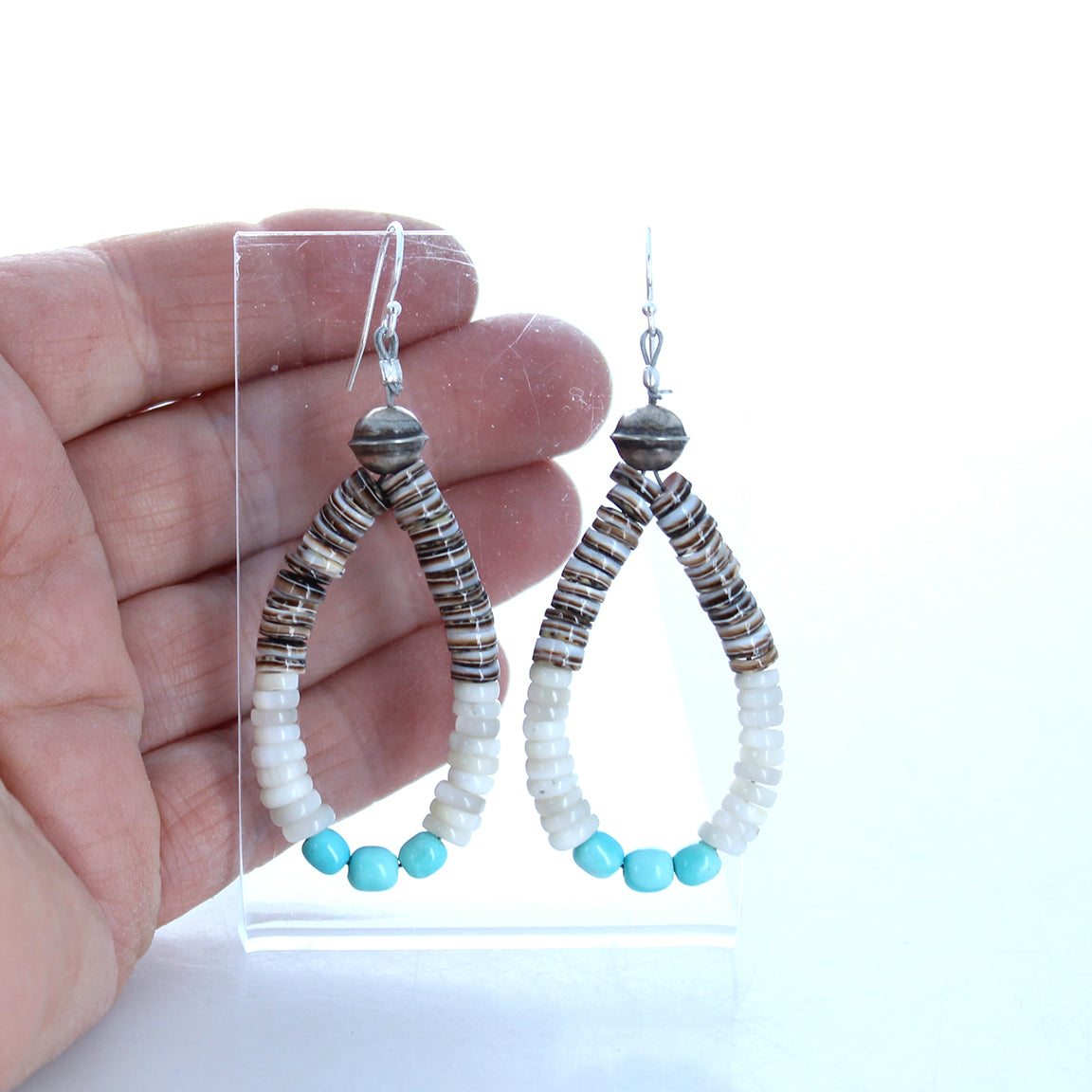 Sleeping Beauty Turquoise and Shell Earrings 2.75" Sterling Jacla