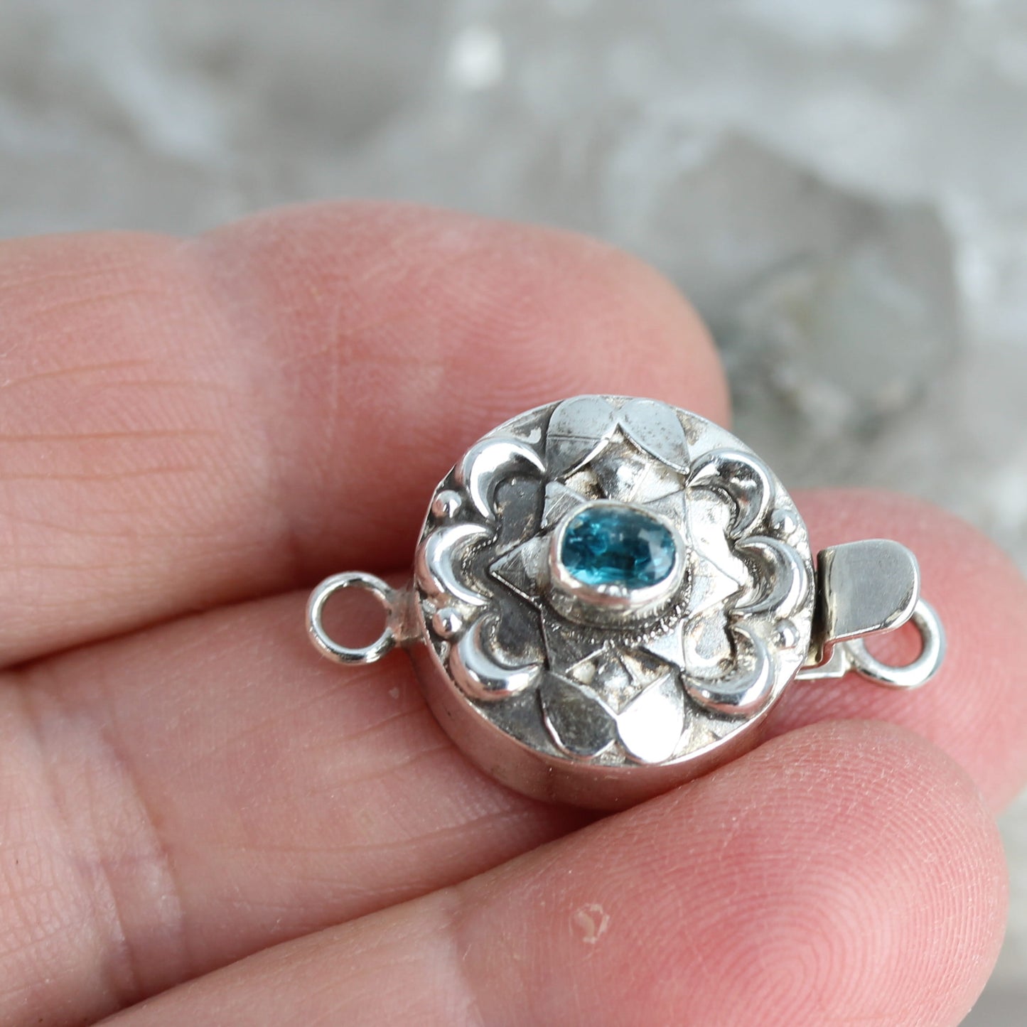 Faceted London Blue Topaz Clasp Moon Lotus Design Sterling 6x4mm