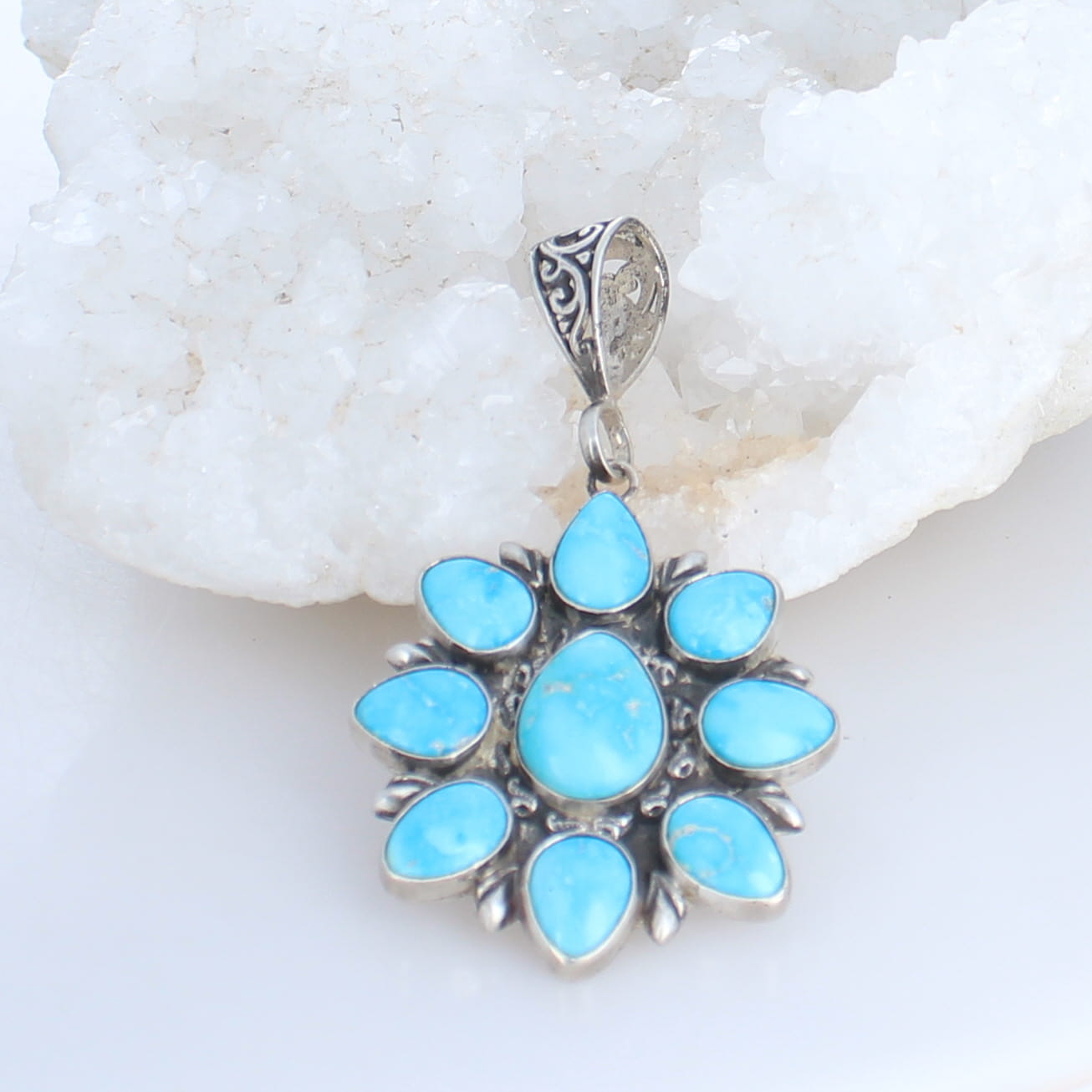 Bright Blue Ridge Nevada Turquoise Pendant Sterling Silver 9 Stone Gorgeous -NewWorldGems