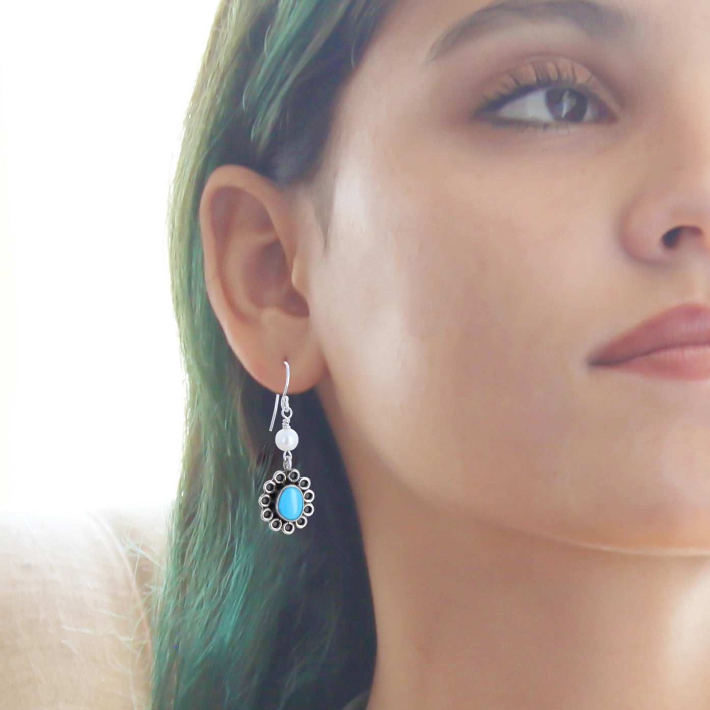 Sleeping Beauty Turquoise and Pearl Flower Earrings Sterling