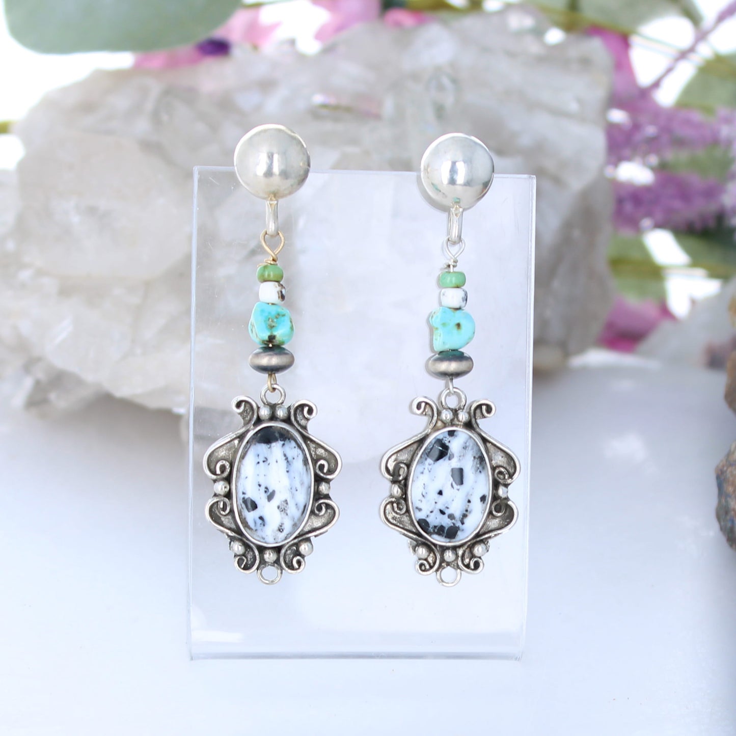 Rare White Buffalo Turquoise Earrings Sterling Scroll Design with Lone Mountain Tq