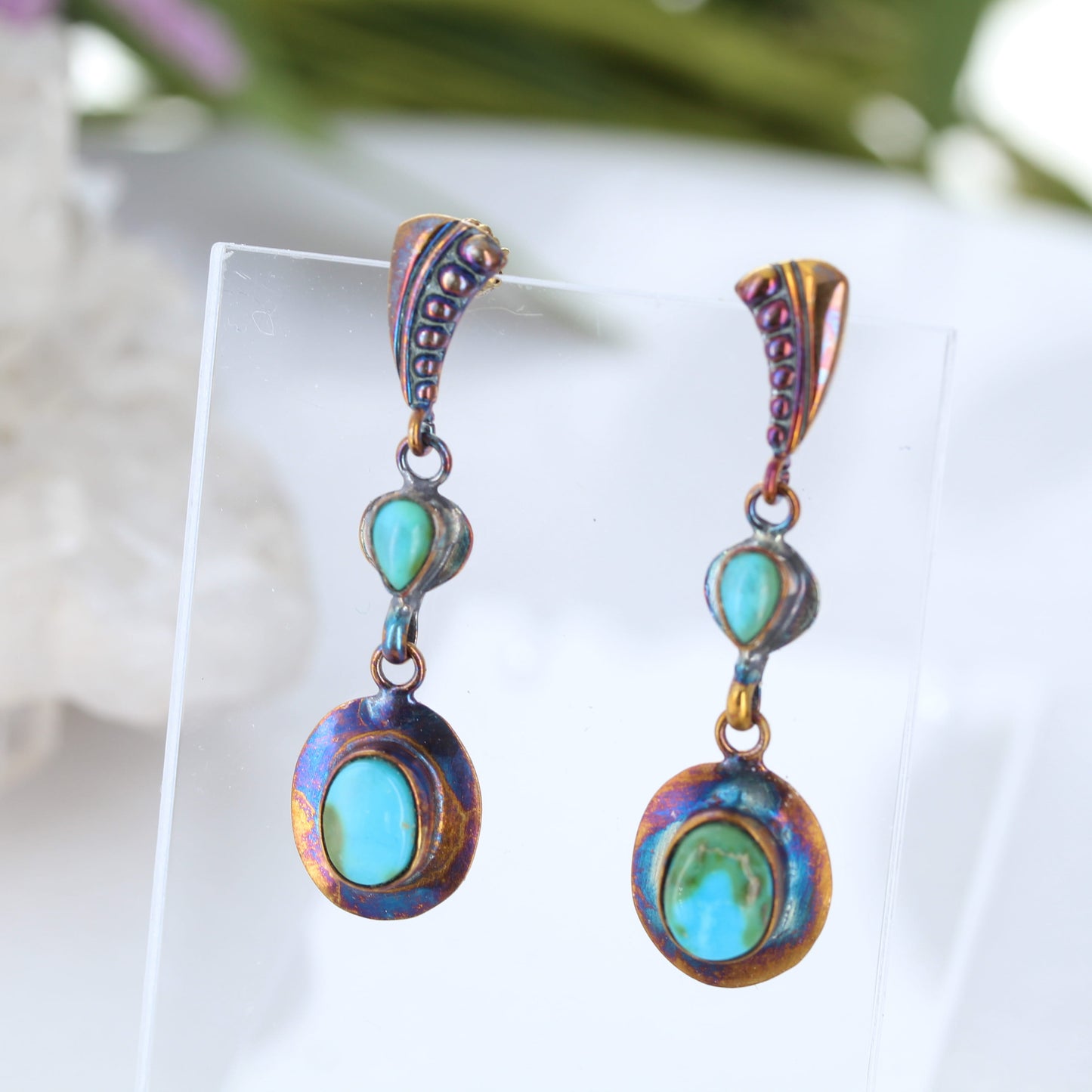 Rainbow Oxidized 2 Stone Sonoran Mountain Turquoise Earrings Sterling