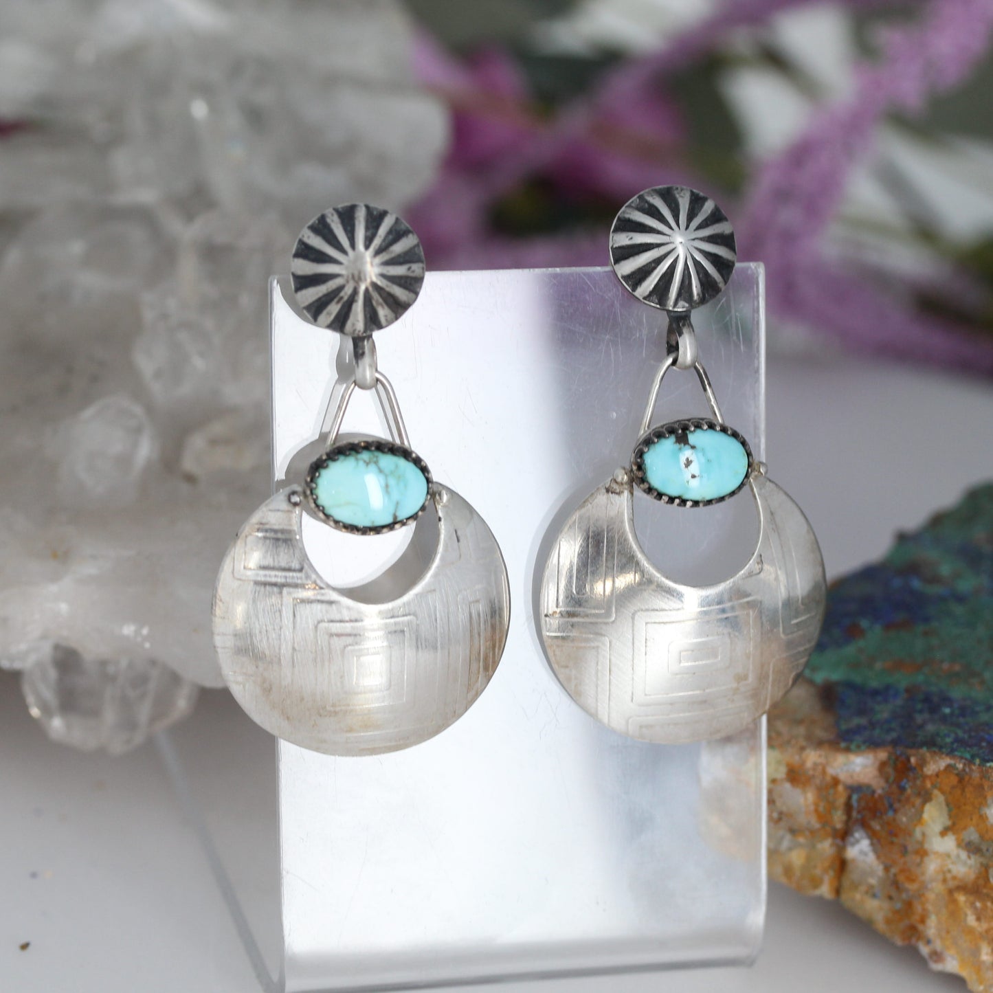 DRY CREEK Turquoise Earrings Sterling Sunburst Posts Moon Shaped
