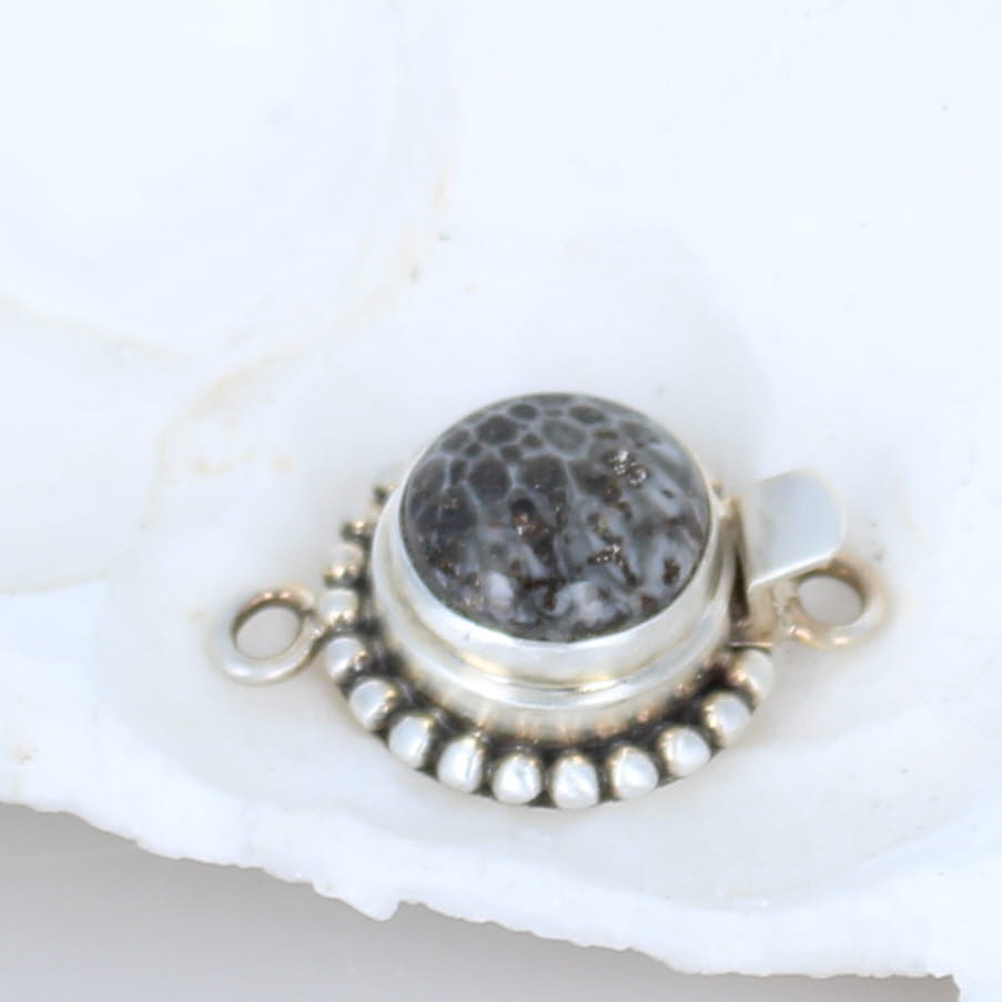 Black Fossil Coral Sterling Clasp Handmade Ball Design #2 -NewWorldGems