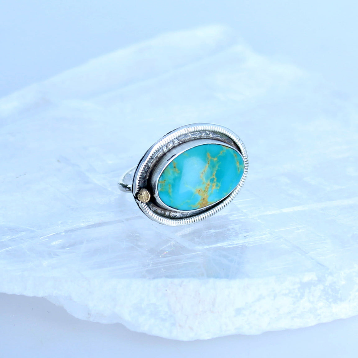 Oval Kingman Turquoise Ring 18K and Sterling Size 7