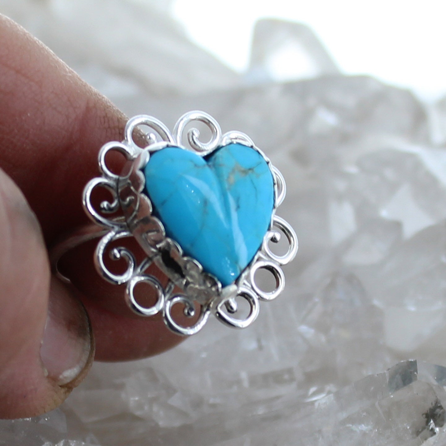 BRIGHT KINGMAN TURQUOISE Heart Ring Sterling Size 6.5 Spirals -NewWorldGems