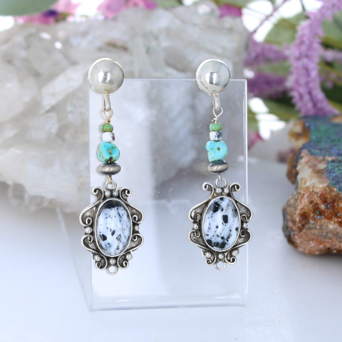 Rare White Buffalo Turquoise Earrings Sterling Scroll Design with Lone Mountain Tq