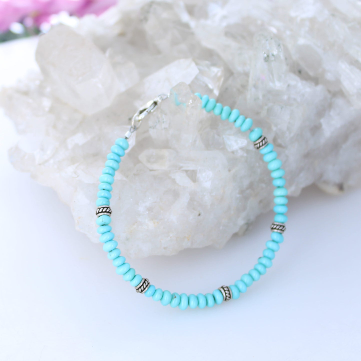 Egyptian Turquoise Beads Bracelet Sterling Silver Nuggets 7"