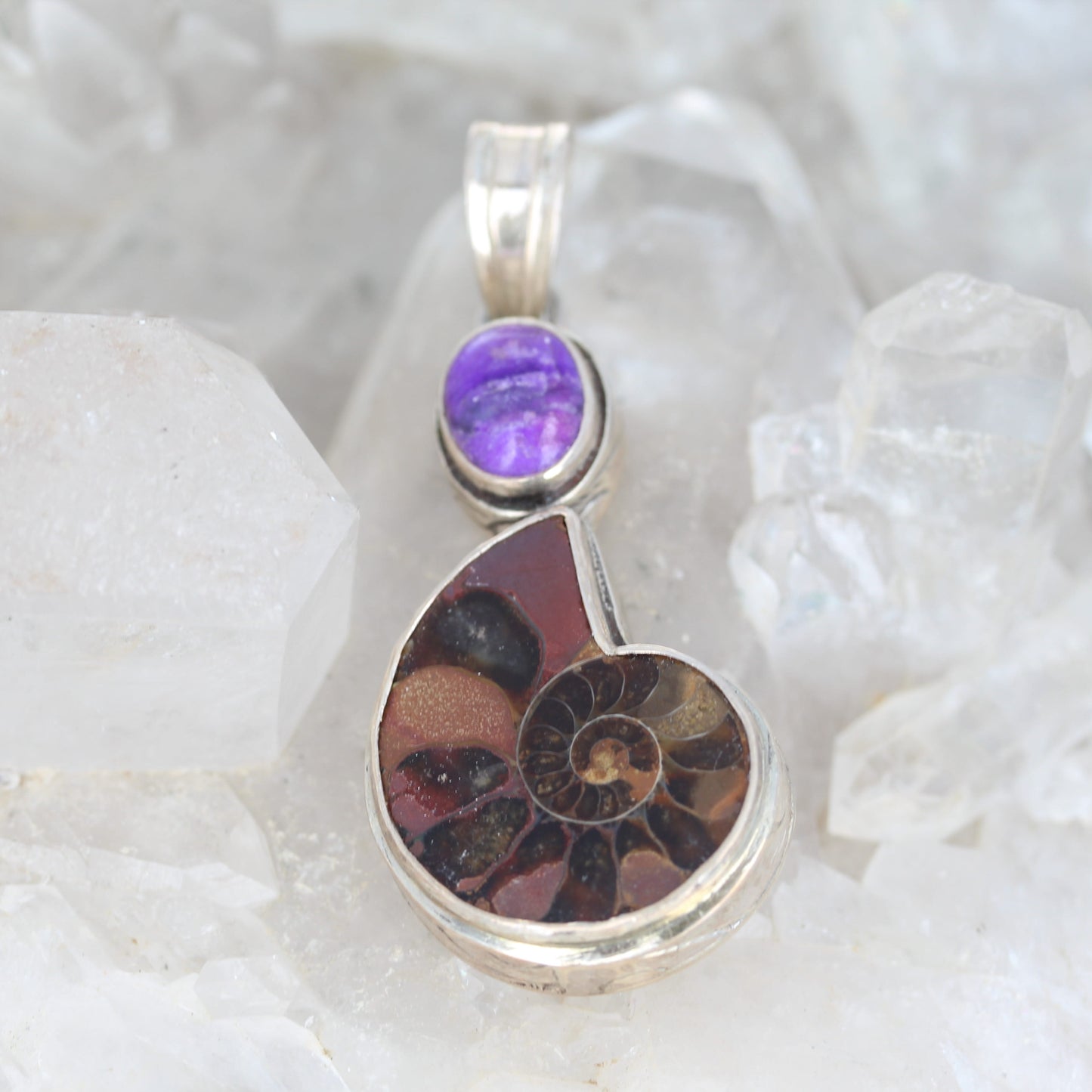 Unique Sugilite and Fossilized Ammonite Sterling Pendant