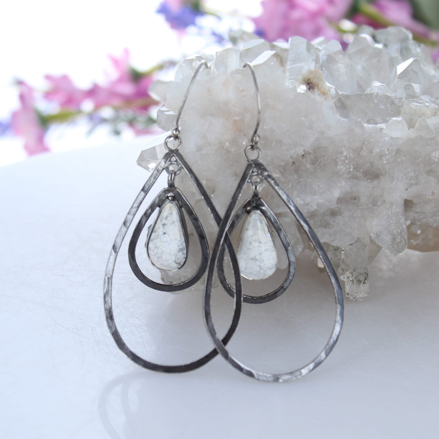 White Buffalo Turquoise Earrings Double Hoops Oxidized