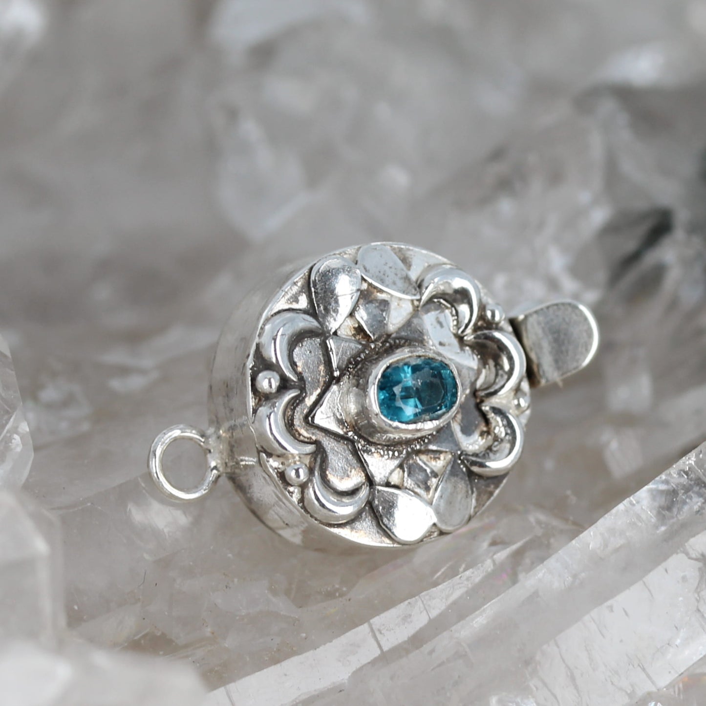 Faceted London Blue Topaz Clasp Moon Lotus Design Sterling 6x4mm