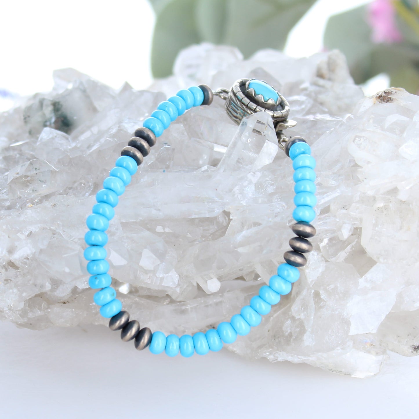 AAA Sleeping Beauty Turquoise Bracelet 5mm Rondelles with Sterling Navajo Pearls