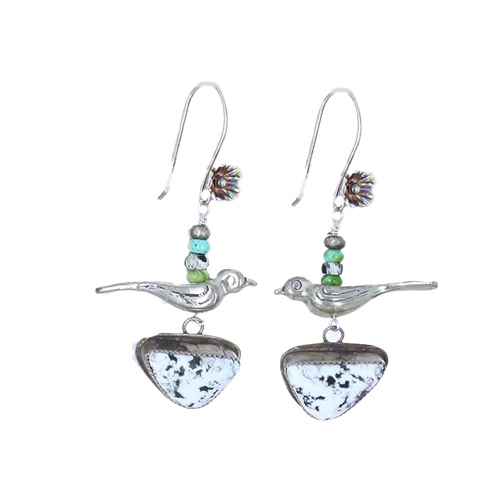 Gorgeous White Buffalo Sonoran Blue and White Turquoise Earrings Sterling Birds