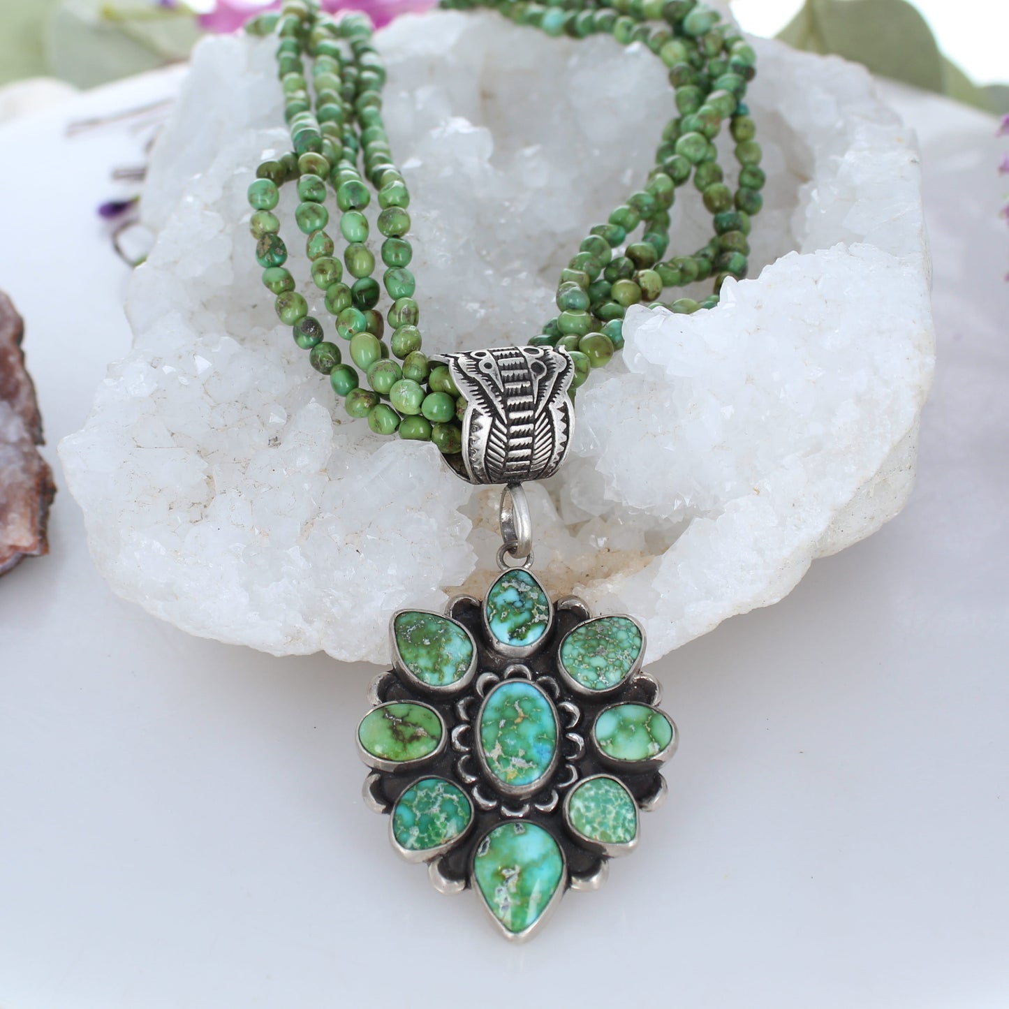 Gorgeous Sonoran Gold Turquoise Flower Pendant Sterling Southwestern Elegance #2 -NewWorldGems