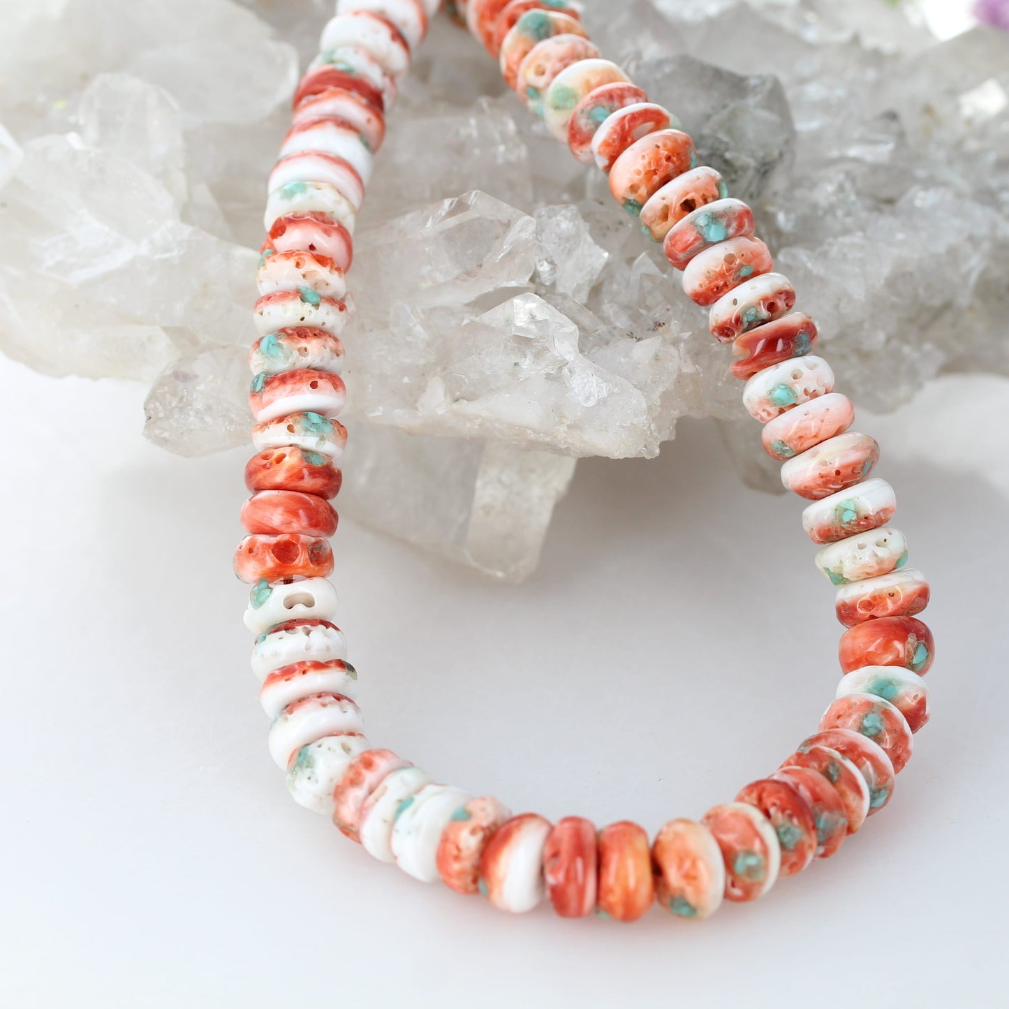 Light Red Spiny Oyster Beads With Turquoise Inlay 16" 9.5mm