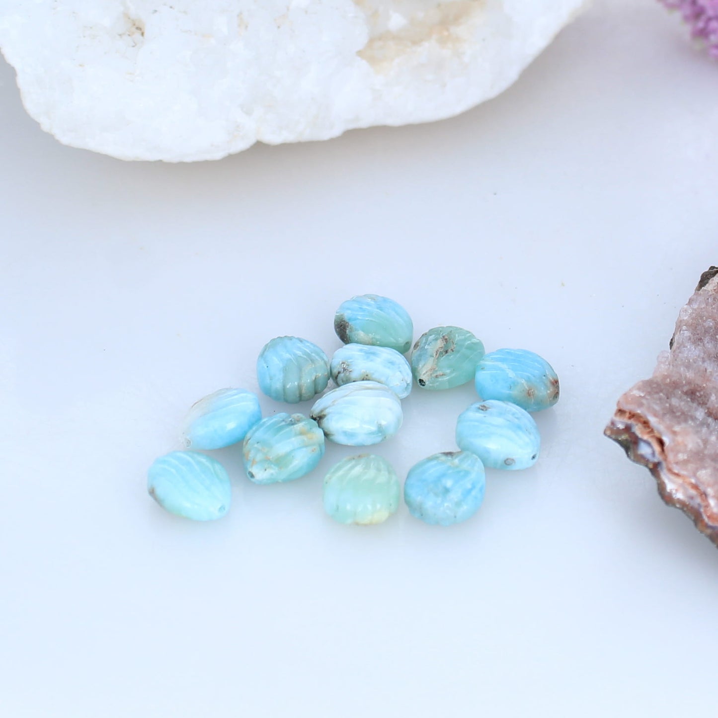 Larimar and Peruvian Opal Carved Shell Components 12 piece -NewWorldGems