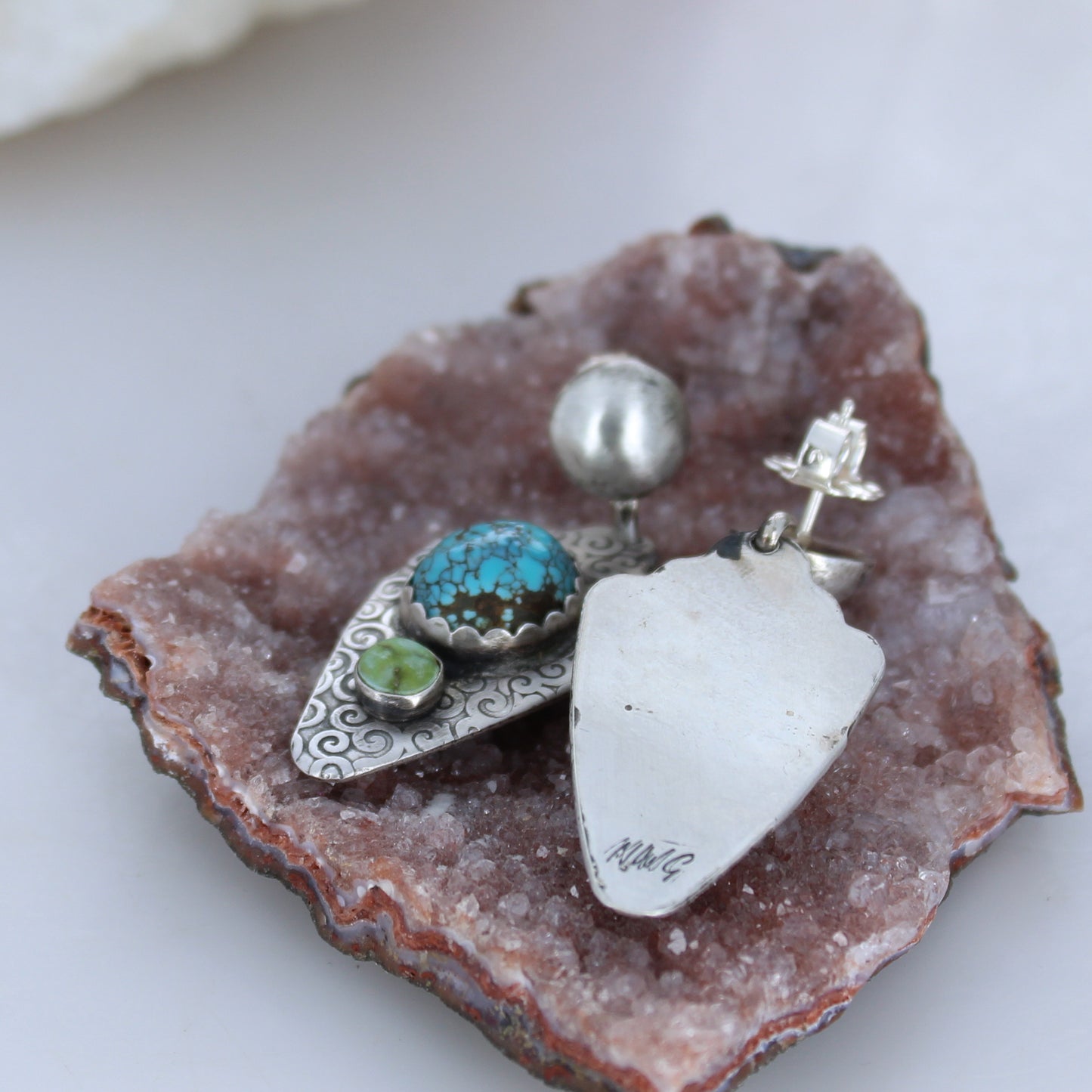 Sterling Arrowhead Earrings Blue Moon Turquoise with Sonoran Turquoise -NewWorldGems