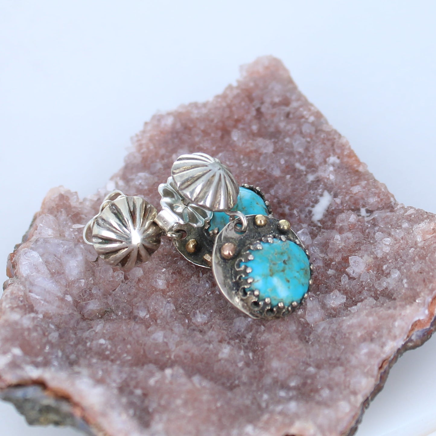 Morenci Turquoise Earrings Gold and Sterling Arizona Southwest -NewWorldGems