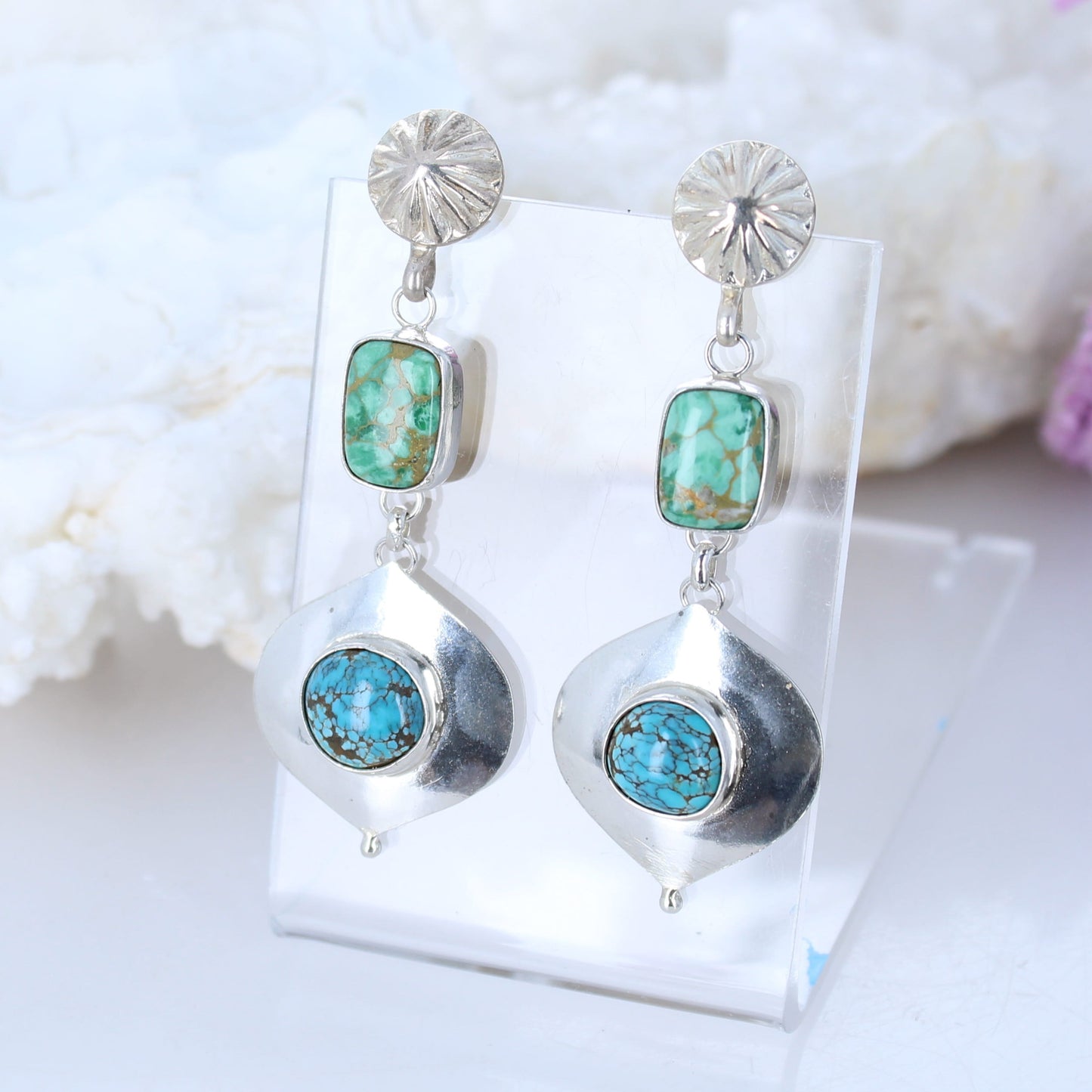 Orvil Jack and Blue Moon TURQUOISE Earrings Sterling Sweeping Dangles -NewWorldGems