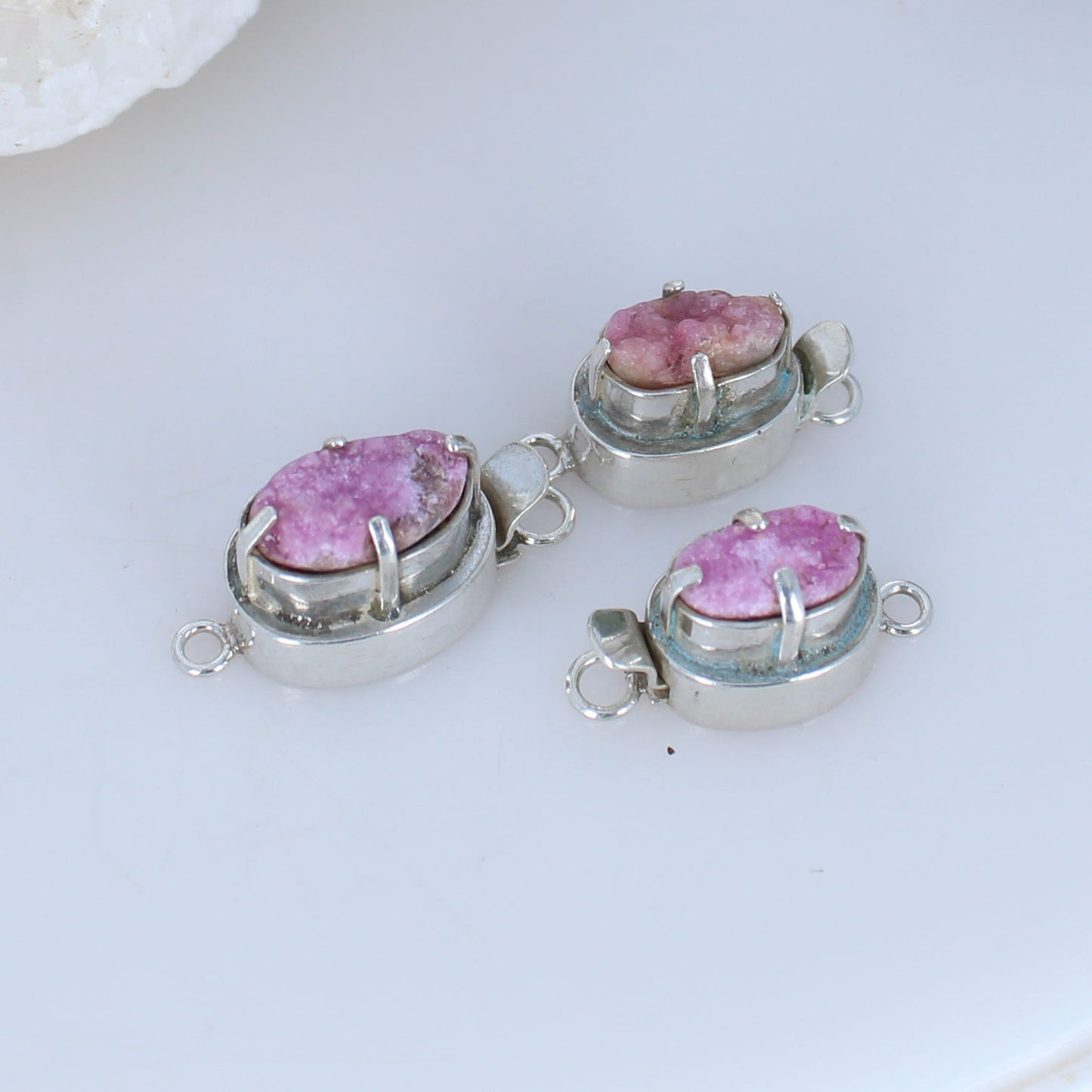 Cobalto Calcite Clasps Pink Drusy Crystal Sterling SET of 3 -NewWorldGems