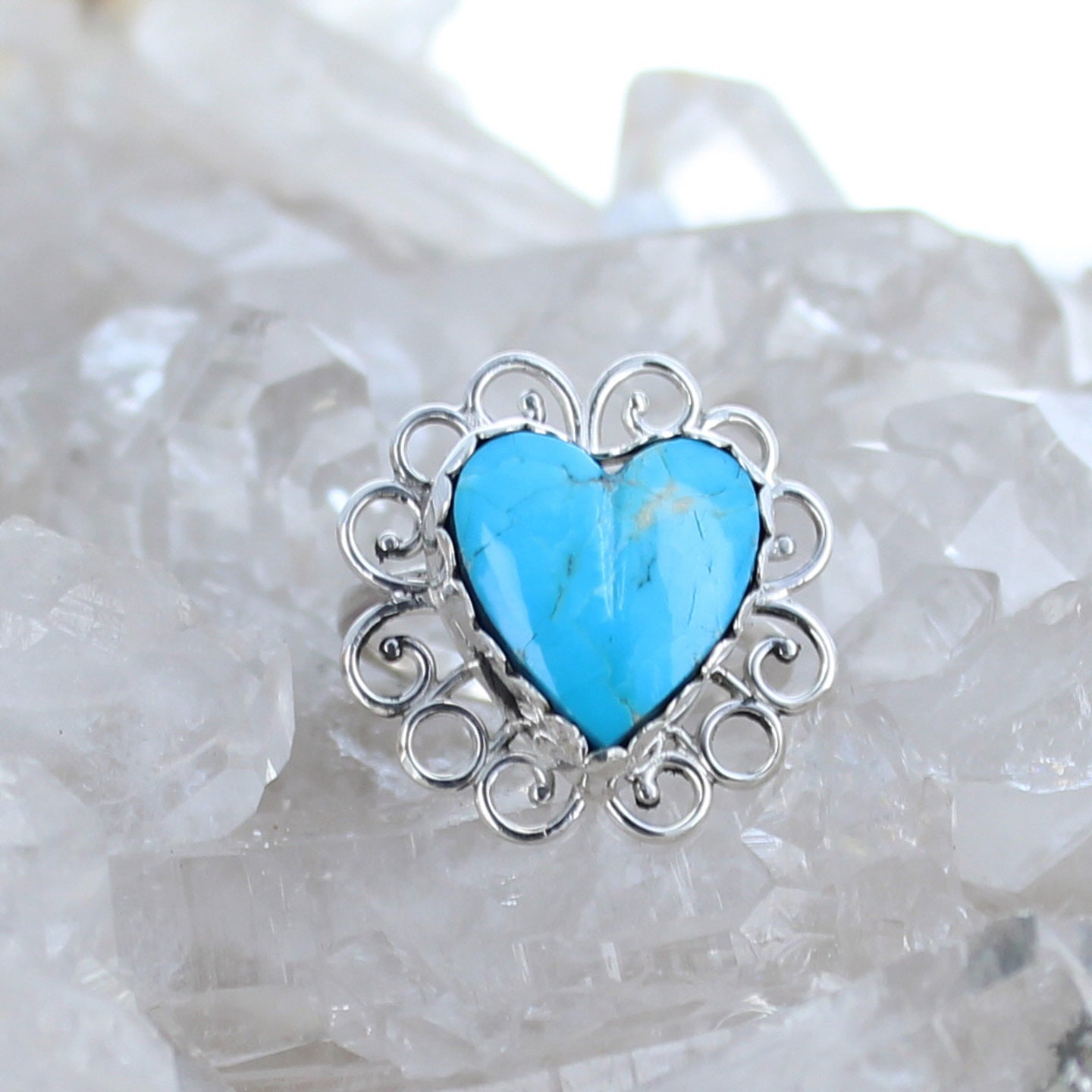 BRIGHT KINGMAN TURQUOISE Heart Ring Sterling Size 6.5 Spirals -NewWorldGems